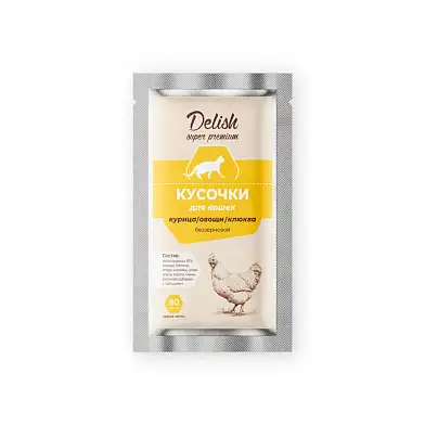 Delish super premium влажный корм для взрослых кошек  кусочки с курицей, овощами и клюквой (пауч)